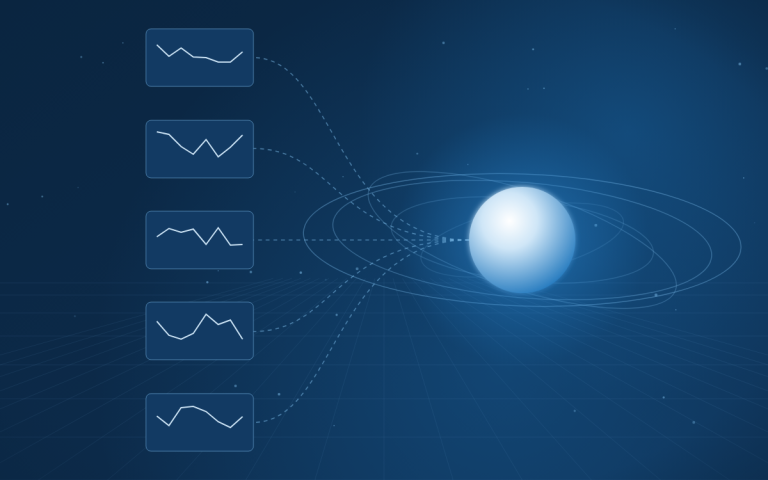 Abstract illustration of AI application traces flowing into monitoring panels