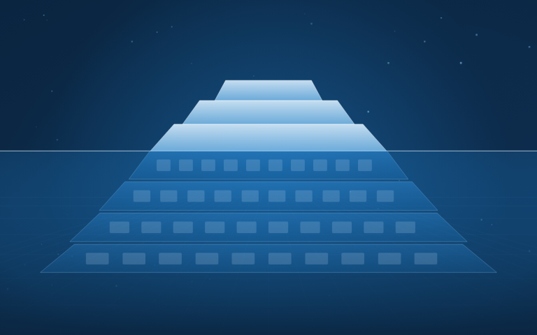 Stylized iceberg of stacked data tables representing an open lakehouse