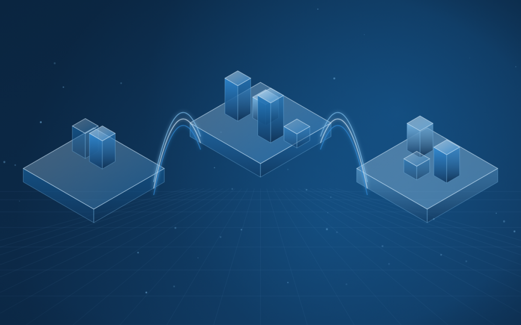 Illustration contrasting duplicated data silos with a single shared open data platform