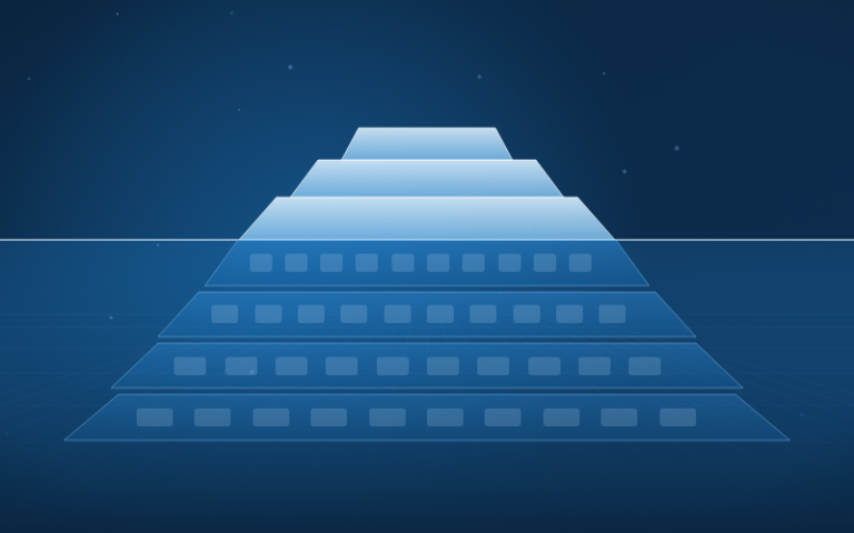 Stylized iceberg of stacked data tables representing an open lakehouse