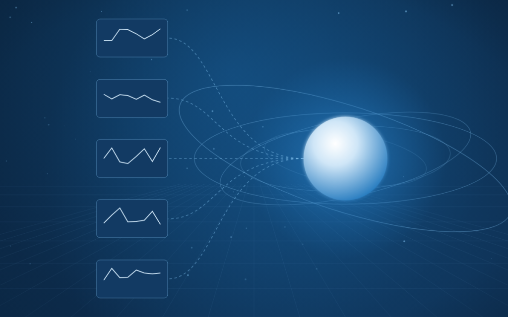 AI core connected to several industry platforms by trace lines