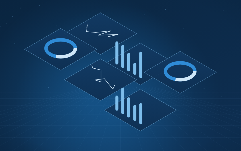 Three distinct database structures connected by light paths, representing relational, document and distributed data stores