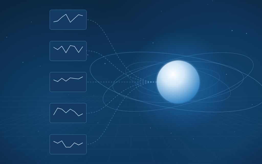 Abstract illustration of an AI agent's steps being traced and measured